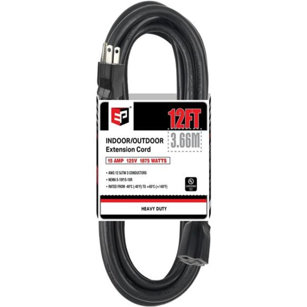12 Ft Outdoor Extension Cord - 12/3 SJTW Heavy Duty Black Extension Cable